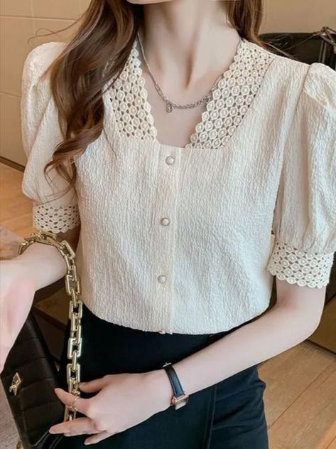 Chiffon Dress Pattern, Long Blouse Designs, Cotton Night Dress, Korean Blouse, Ladies Chiffon Shirts, Simple Kurta Designs, Lace Trim Blouse, Women Blouses Fashion, White Clothing