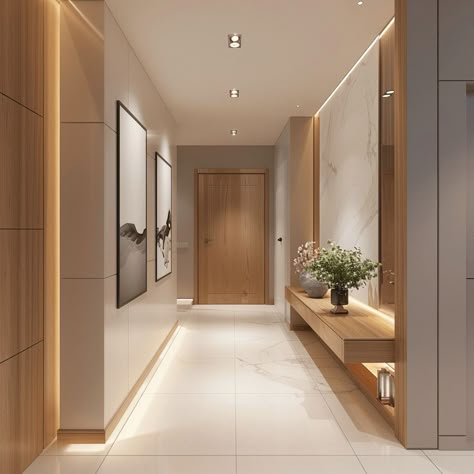 Hallway Layout Plan, Wooden Wall Hallway, Luxury Hallway Design, Foyer Molding Ideas, Hallway And Stairs Decor, Long Hallways Interior Design, White And Brown Interior Design, Modern Entrance Foyer Design Luxury, Home Entrance Decor Luxury