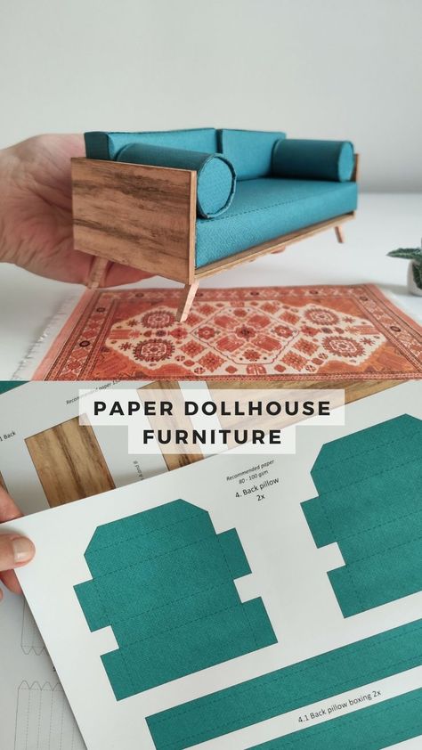 Check out nimu1326’s shop on Patreon... Wood Frame Sofa, Paper Dollhouse, Baby Doll Furniture, Sofa Wood Frame, Modern Dollhouse Furniture, Mini Sofa, Paper Furniture, Tiny Furniture, Bolster Pillows