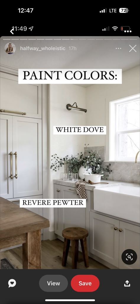 Natural Cream Vs Revere Pewter, Swiss Coffee With Revere Pewter, Revere Pewter Lightened By 25%, White Dove Kitchen Walls, Revere Pewter Kitchen, Revere Pewter Paint, Perry County, Warm Paint Colors, Swiss Coffee