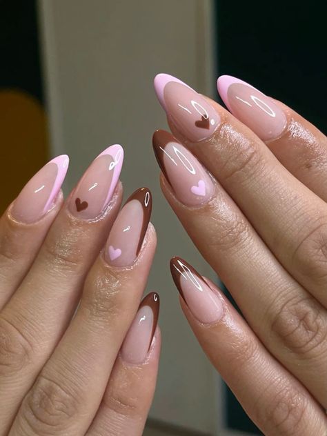 Heart Nails Pink, Pink Nails Trendy, Mixed Nails, Brown French Tip, Paznokcie Hello Kitty, Nails Press Ons, Brown French, Kutek Disney, Nails Heart