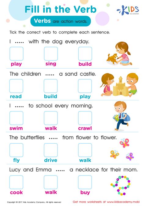 Using delightful pictures to motivate your child, help your child learn about action words with this worksheet: fill in the verb! Verb Worksheets For Kindergarten, Action Verbs Activities, Nouns Kindergarten, Nouns And Verbs Worksheets, Action Verbs Worksheet, Verbs For Kids, Kindergarten Esl, Verb Games, Verbs Activities