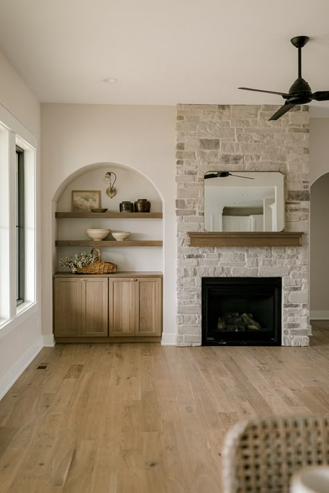 arch fireplace built-ins Open Floor Plans Decorating Ideas, Fireplace Built Ins Brick, Stone Fireplace With Wooden Mantle, Interior House Inspiration, Arches Next To Fireplace, Overgrout Fireplace Stone, Fireplace With Built In On One Side Only, Built Ins That Look Like Furniture, One Built In Next To Fireplace