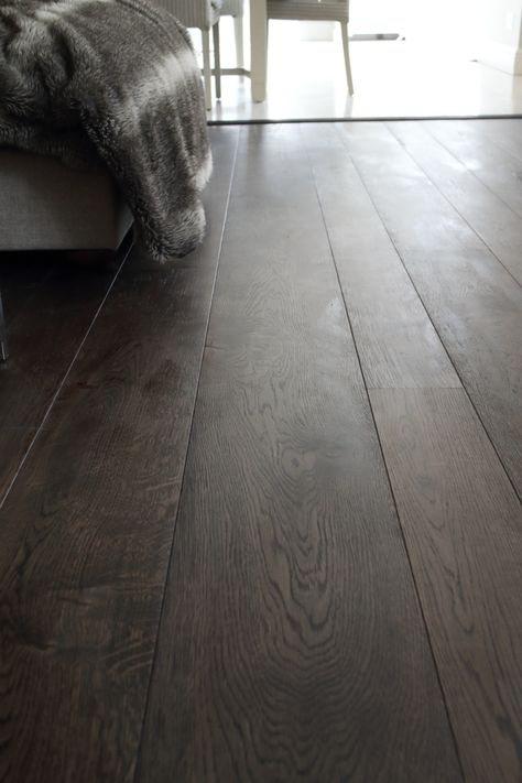 Dark Charcoal Oak Flooring in Multiple Widths and Lengths - Hicraft Dark Oak Flooring Kitchen, Dark Floor Boards, Dark Grey Hardwood Floors, Tiles Like Wood Floor, Dark Grey Wood Floors, Dark Gray Wood Floors, Dark Charcoal Flooring, Medium Dark Wood Floors, Dark Floor Interior