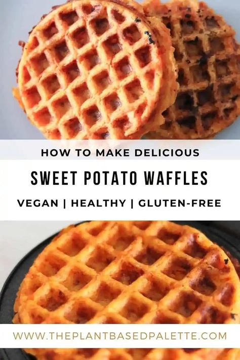 This savory sweet potato waffles is vegan, easy, delicious and gluten-free. This waffle recipe only requires a few simple ingredients. These savory waffles makes for a perfect plant-based base to hold whatever toppings you so choose. They make for a great whole food plant-based breakfast, lunch or dinner. This recipe is very versatile and pairs well with many different flavors from sweet to savory. Potato Waffle Recipe, Waffle Sandwich Breakfast, Gluten Free Sweet Potato, Potato Waffles, Waffle Maker Recipes, Sweet Potato Waffles, Savory Waffles, Yummy Sweet Potatoes, Stuffed Sweet Potato Healthy