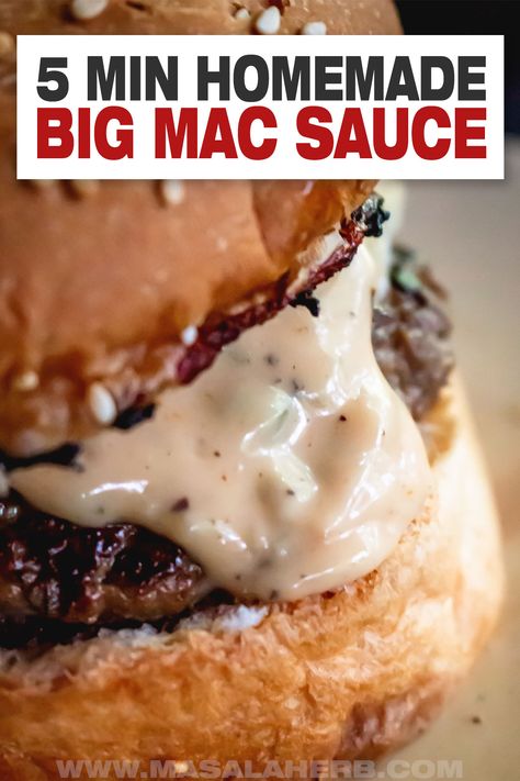 My Big Mac Sauce recipe and how to make the burger sauce from scratch. Copycat recipe. Homemade is best, and it will take you only 5 mins with simple pantry ingredients. www.MasalaHerb.com Diy Mac Sauce, Big Mac Sauce With Thousand Island, Big Mac Hot Dog, Copycat Big Mac Sauce, Big Mac Sauce Recipe Copycat, Copycat Big Mac, Melting Potatoes, Big Mac Sauce Recipe, Mac Sauce Recipe