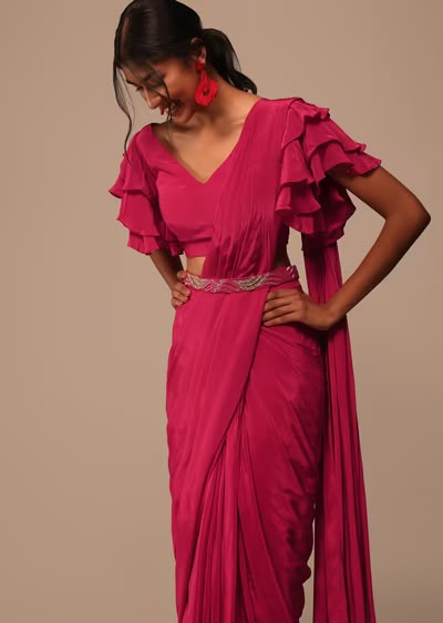 Pink Indo-western Saree And Layered Sleeves Blouse Set In Crepe Crepe Suit Designs Indian, Sleeves Ideas For Blouse, Blouse Design For Pink Saree, Ruffle Saree Look, Crepe Blouse Design, Dress In Saree Material Ideas, Crepe Saree Party Wear, Crepe Saree Blouse Designs, Western Blouse Designs For Saree