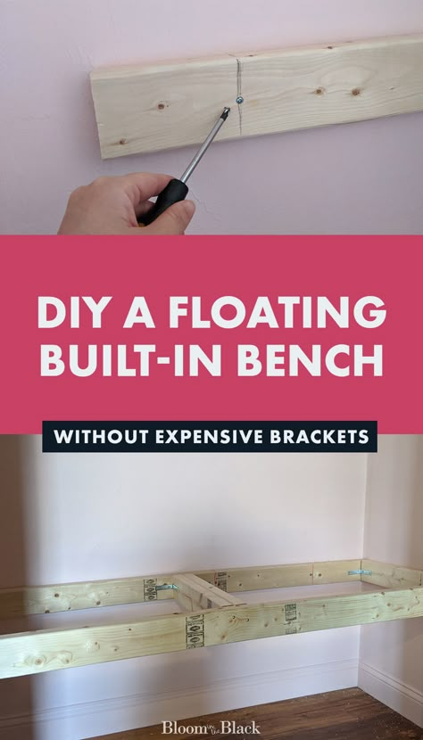 How To Make A Bench In A Closet, Diy Bench Built In, Closet With Bench Entryway, Diy Built In Entryway Bench, Built In Bench Mudroom Diy, Floating Bench With Drawers, Mudroom Bench In Closet, Entryway Floating Bench, Diy Bench In Closet