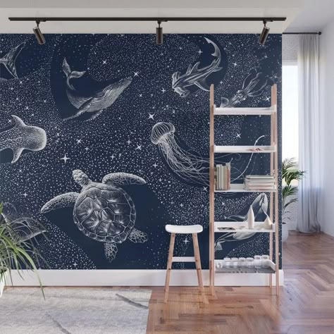 Sea Chalkboard Art, Constellation Mural, Ocean Wall Mural, Whale Quilt, Cosmic Ocean, Sea Murals, Ocean Bedroom, Ocean Mural, Whale Decor