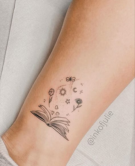 How cute is this fine line tattoo? For more tattoos check it out our Instagram  @inkofjulie Cute Magic Tattoos, Fine Line Tattoo Book, Small Book Tattoo, Book Inspired Tattoos, Reading Tattoo, Teacher Tattoos, Inner Wrist Tattoos, Lotusblume Tattoo, Winter Tattoo