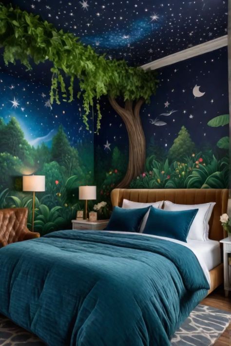 Bedroom mural with enchanted forest theme Forest Bedroom Mural, Forest Theme Kids Bedroom, Forest Bedroom Ideas Kids, Cave Themed Room, Fairy Forest Bedroom Ideas, Whimsical Forest Bedroom, Girls Forest Bedroom, Enchanted Forest Kids Room, Forest Inspired Bedroom