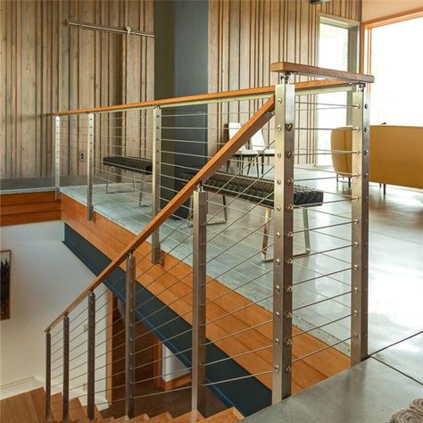 Indoor Stairwell Cable Railing Use Stainless Steel Square Post Design Cable Stair Railing, Indoor Stair Railing, Deck Stair Railing, Stair Railing Ideas, Stair Railing Kits, Cable Railing Deck, Aluminum Handrail, Stainless Steel Cable Railing, Stair Posts