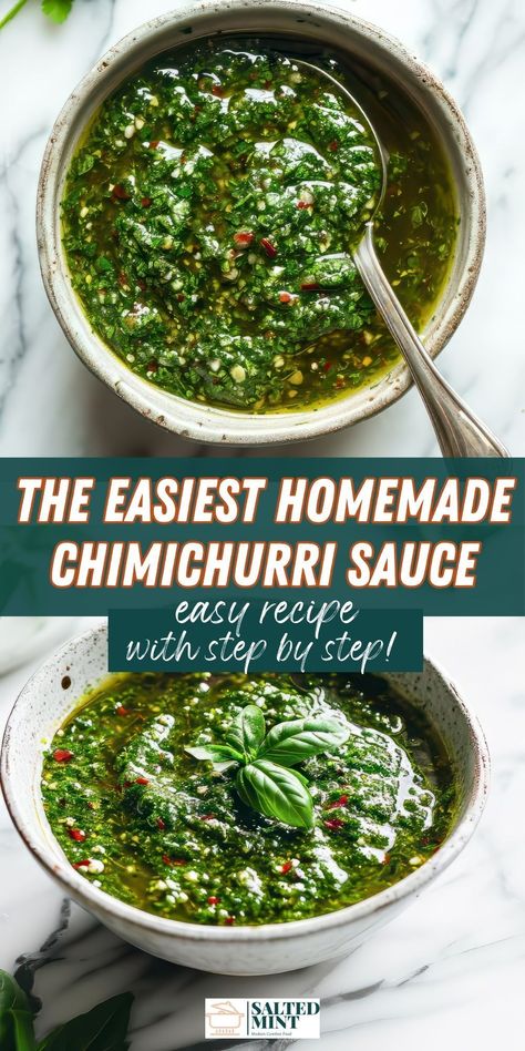 Experience a burst of flavor with this Argentinian Chimichurri sauce—a fresh parsley and cilantro salsa that gives grilled steak, chicken, fish, and vegetables a garlicky kick. Ready in just 10 minutes. Argentinian Chimichurri Recipe, Easy Chimichurri Sauce, Argentinian Chimichurri, Oregano Recipes, Chimichurri Sauce Recipe, Parsley Recipes, Argentinian Food, Chimichurri Recipe, Cilantro Sauce