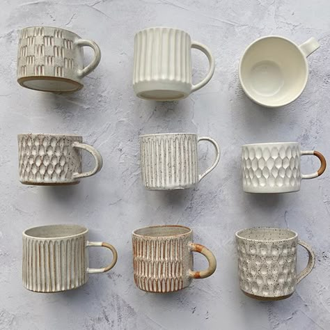 K_Ceramics auf Instagram: „FLATLAY - Day 3 #marchmeetthemaker @joannehawker Collection of mugs. No two are the same and I like that they're all related but…“ | Love these hand thrown mugs! #pottery #ceramics Ceramic Etching Ideas, Handbuilding Ceramics Ideas, Textured Mug Ceramics, Ceramics Ideas Pottery Creative, Small Ceramic Projects, Mug Forms, Ceramic Mug Set, Mug Inspiration, And I