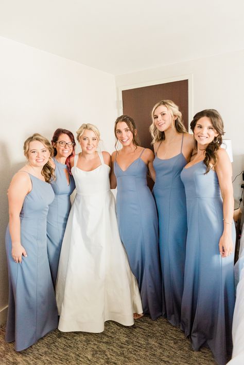 Wedding dress: "Bleecker" by Amsale Bridesmaids dresses: Mix-and-match styles in Slate crepe by Amsale Bridesmaids Amsale Bridesmaid Dresses, Amsale Bridesmaid, Walk Down The Aisle, Visiting Nyc, Green Bridesmaid, Green Bridesmaid Dresses, Bridesmaids Dresses, Real Brides, Slate Blue