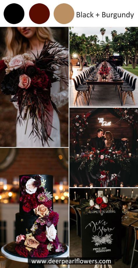 Dark Color Wedding Themes, Dark Romantic Wedding Color Schemes, Black Wedding Theme Ideas, Burgundy And Black Wedding, Black Wedding Theme, Black Wedding Table, Burgundy Wedding Theme, Dark Romantic Wedding, Round Wedding Tables