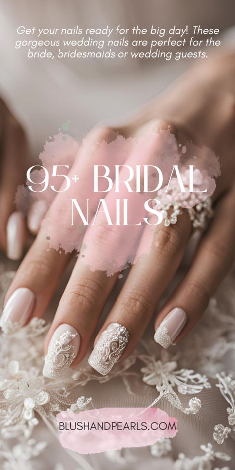 bridal nails. wedding nails. glam nails Sparkle Wedding Nails For Bride, Non Traditional Wedding Nails For Bride, Gel Nails For Bride Wedding Day, Wedding Nails With Lace, Gel Nails For Wedding The Bride, Easy Wedding Nails, White Lace Nails Wedding, Wedding Day Nails Square, Blush Bridal Nails