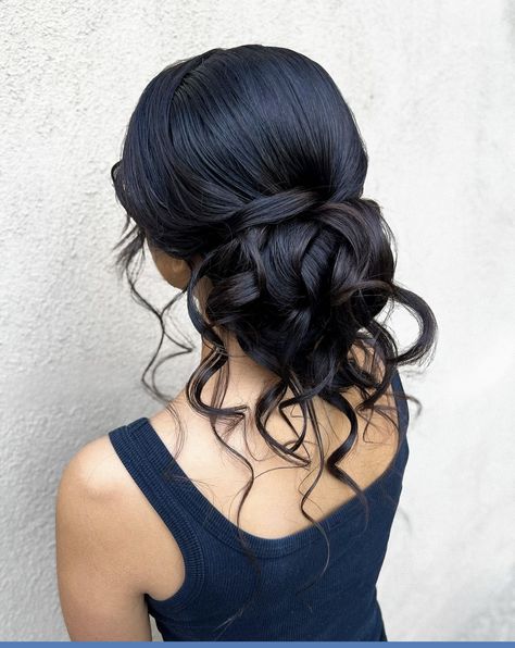 Wedding Hairstyles With Bun, Updo With Hair In Face, Bridesmaid Hairstyles Updo Black Hair, Romantic Textured Updo, Hair Down With Fascinator, Quince Low Bun Hairstyles, Low Bun With Strands Out, Hair Styles For Prom Updos, Prom Hair Updo Bun