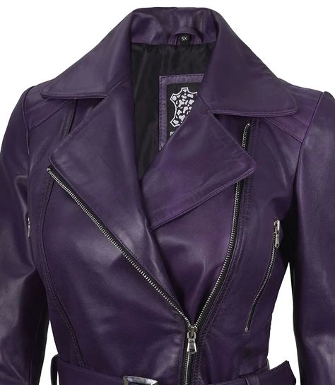 Asymmetrical Purple Belted Moto Leather Jacket For Women Unleash your bold side with our Women’s Asymmetrical Purple Belted Motorcycle Leather Jacket. Made from real lambskin leather, this jacket features a rich purple hue that adds a unique and striking edge to the classic motorcycle silhouette. The asymmetrical zip and adjustable belted waist provide a tailored, flattering fit, merging contemporary design with luxurious comfort. Perfect for making a standout statement, this jacket offers both style and sophistication. Motorcycle Silhouette, Purple Leather Jacket, Leather Jacket For Women, Moto Leather Jacket, Leather Varsity Jackets, Motorcycle Leather Jacket, Purple Belt, Womens Biker Jacket, Classic Motorcycle