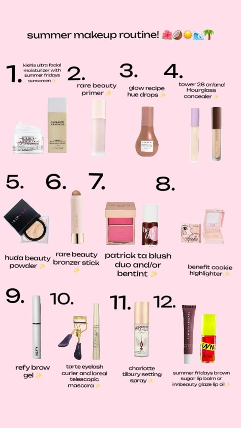 Makeup Products For School Air, Makeup To Take On Vacation, Makeup Routine In Order, Vacation Makeup Essentials, Summer Makeup Products Aesthetic, Summer Vacation Makeup, Summer Make Up Products, Summer Makeup Must Haves, Best Summer Makeup Products