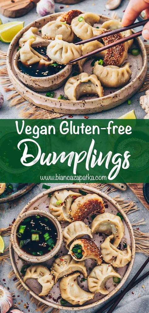 How to make homemade vegan gluten-free dumplings with vegetable filling - This egg-less 4 ingredient dough recipe is easy to make with rice flour and can be used for dumpling wrappers or as pasta dough for ravioli. Perfect for anyone who suffers from gluten intolerance but loves Asian or Italian cuisine. It’s super simple, cheap and so delicious! #dumplings #gyoza #veganrecipes #vegetarian #recipes #food #vegan #potstickers #chinesefood #foodrecipes #garlic #spicy #glutenfree #sauce #asianfood # Vegan Gluten Free Ravioli, Gluten Free Ravioli Recipe, Italian Dumplings, Gluten Free Dumpling Wrappers, Vegan Gyoza, Gluten Free Ravioli, Vegan Potstickers, Gluten Free Asian Recipes, Gluten Free Dumplings