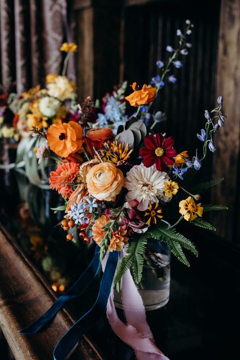 Moody Rainbow Wedding, Jewel Tones Bouquet, Colorful Wedding Bouquet Fall, Moody Wildflower Bouquet, September Table Centerpieces, Vibrant Fall Wedding Flowers, Whimsical Fall Wedding Flowers, Wild Flower Wedding Colors, Colourful Autumn Wedding