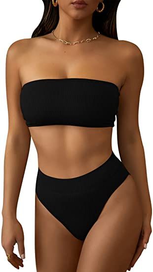 Amazon.com: Pink Queen Women's Removable Strap Pad High Waisted Ribbed Bikini Black Size M : Clothing, Shoes & Jewelry Swimsuit Trends, Bandeau Swimsuit, 2 Piece Swimsuits, Pink Swimsuit, Beauty And Fashion, Shoes Jewelry, High Waisted, Queen, Pink