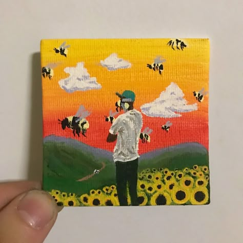 matt’s mini paintings on Instagram: ““Flower Boy” - @feliciathegoat  painted by @mattmirro  acrylic on 3x3in canvas . . . . . #tylerthecreator #flowerboy #igor #newmusic #art…” Flowerboy Painting, Items To Paint On, Baby Boy Painting Ideas, Igor Painting, Painting Ideas On Mini Canvas, Album Covers Painting, Album Cover Paintings On Canvas, Mini Canvas Paintings Easy, Little Canvas Paintings