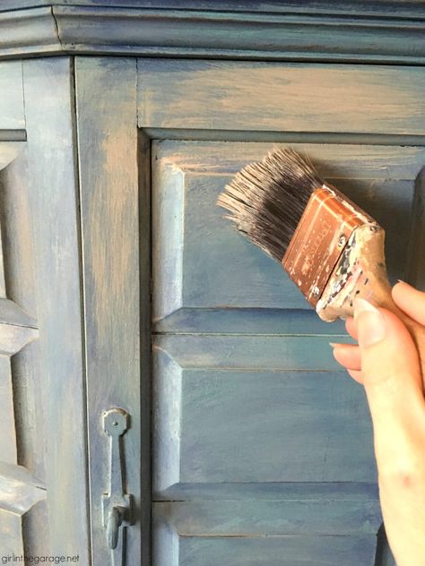 Blue Gray Painted Furniture, Best Paint Finish For Furniture, Teal Painted Furniture Ideas, Light Painted Furniture, Blended Painted Furniture, Paint Armoire Ideas Diy, Chalk Paint Projects Ideas, Blending Paint On Furniture, Tan Painted Furniture