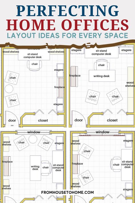 Perfect home office layouts for every space. Executive Office Layout Floor Plans, Long Home Office Layout, 12x16 Office Layout, Study Design Ideas Layout, Multi Use Office Space, Small Home Office Layout Ideas, Long Narrow Office Space Ideas, Rectangular Office Layout, Office Layout Plan With Dimensions