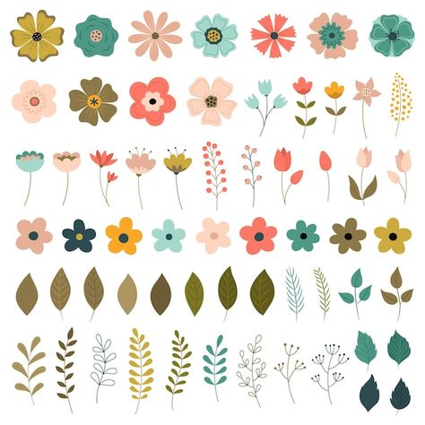 Download this Premium Vector about A set of flowers leaves branches foliage berries, and discover more than 15 Million Professional Graphic Resources on Freepik Simple Floral Pottery Painting, Flower Design Pottery, Simple Flower Pattern Illustration, Simple Flowers Design, Digital Floral Art, Patterns For Pottery Painting, Soft Pastel Color Pallete, Flower Painting Pattern, Pottery Painting Design Ideas