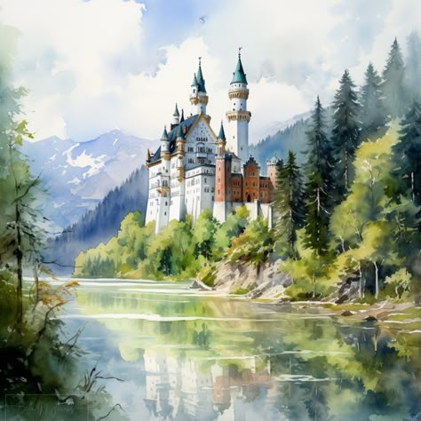 Castle Watercolor Painting Easy, Neuschwanstein Castle Painting, Bavarian Countryside, Palace Painting, Watercolor Castle, Majestic Castle, Castle Painting, Neuschwanstein Castle, Wall Art Design