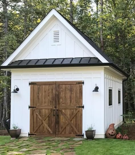 Shed Addition Ideas Exterior, Outside Barn Doors Sheds, Shed With Stone Veneer, Big Shed Ideas, Wooden Sheds Ideas Backyards, Small Garage Plans, Farmhouse Shed Exterior, Backyard Garage Ideas, Shed Addition Ideas