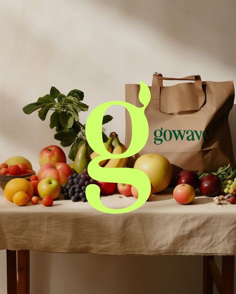 Brand identity design for Gowave! An online grocery delivery service that sources its produce from local farmers. Grocery Branding Design, Grocery Store Graphic Design, Grocery Graphic Design, Vegan Food Branding, Food Delivery Branding, Farmers Market Branding, Grocery Store Branding, Grocery Branding, Go Logo Design