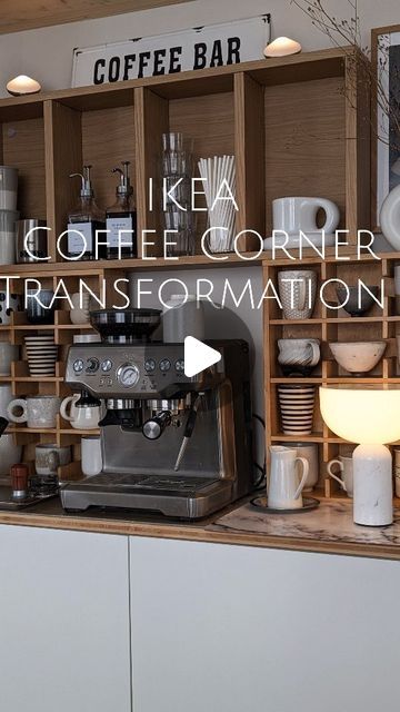 Upcycle Corner Shelf, Ikea Coffee Station Hack, Coffee Corner In Kitchen, Ikea Coffee Station, Ikea Coffee Bar, Ikea Kitchen Shelves, Coffee Corner Kitchen, Ikea Shelf Hack, Cofee Bar