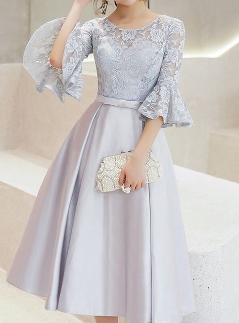 Midi Homecoming Dresses, Dress With Lace Sleeves, Evening Gowns Elegant, Long Evening Gowns, فستان سهرة, Midi Cocktail Dress, Tea Length Dresses, Prom Dresses With Sleeves, Prom Dresses Lace