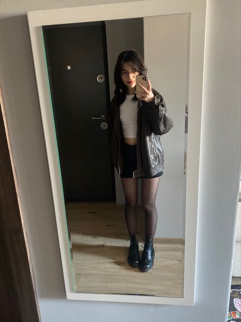 Black Mini Skirt Leather Jacket, Denim Skirt Leather Jacket, Mini Skirt Leather Jacket, Black Doc Martens Outfit, Tyler Outfit, Alternative Fits, Skirt With Black Tights, Cas Concert, Platform Docs