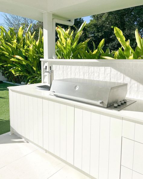 Outdoor Kitchen With Beer Tap, Built In Bbq Ideas Outdoor Barbeque Patio, White Concrete Outdoor Kitchen, Outdoor Kitchen Coastal, Alfresco Outdoor Kitchen, L Shaped Alfresco, Vj Panelling Outdoor Kitchen, Tiled Bbq Area, Hamptons Outdoor Kitchen