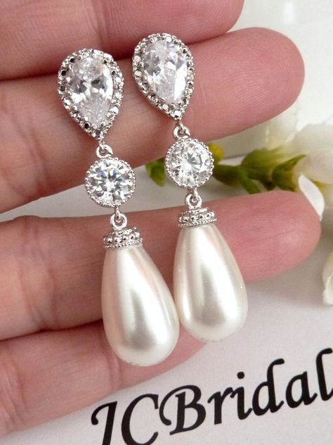 Wedding Pearl Bridal Earrings Off White Oblong Teardrop Pearl Round Cubic Zirconia White Gold Plated Peardrop Cubic Zirconia Post Earrings on Etsy, $39.95 Silver Pearl Drop Earrings, Classy Earrings, Bridal Pearl Necklace, Big Pearl, Bridal Earrings Pearl, Pearl Wedding, Bridal Pearls, Bridal Necklace, Matching Necklaces