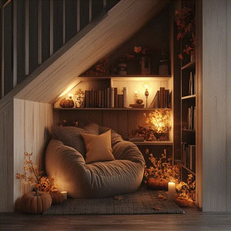 1 Small Cozy Nook Ideas, Reading Corner By Fireplace, Tiny Home Reading Nook, Closet Turned Reading Nook, Closet Converted To Reading Nook, Small Reading Space Ideas, Cozy Library Nook, Reading Nook Under The Stairs, Bookshelf Corner Ideas