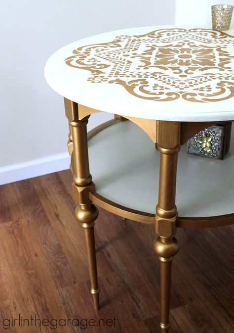 A stunning stenciled table makeover in metallic gold and white for Themed Furniture Makeover Day.   girlinthegarage.net Stenciled Table, Classic Tile, Diy End Tables, Tile Stencil, Stencil Furniture, Table Makeover, Bohol, Refurbished Furniture, Paint Furniture