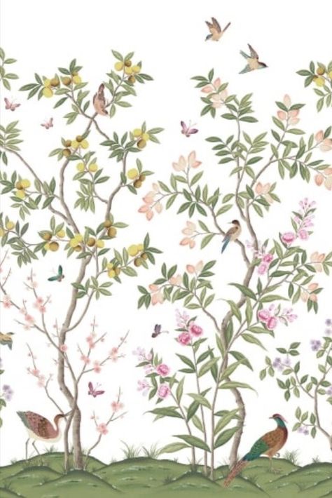 Whimical and sweet floral and botanical wallpaper perfect for a nursery or kid's bedroom. Chinoiserie Chic Wallpaper, Chinoiserie Mural, Chinoiserie Pattern, Chinoiserie Art, Chinoiserie Design, Chinoiserie Wall, Chinoiserie Wallpaper, Chinoiserie Chic, Botanical Wallpaper