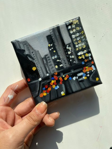 Cityscape Mini Painting, Blurry City Painting, 10 X 10 Canvas Painting Ideas, Homemade Wall Art Paint, Aesthetic Mini Painting Ideas, Painting On Mini Canvas Ideas, Ideas For Mini Canvases, Mini Oil Painting Ideas, Mini Easy Paintings