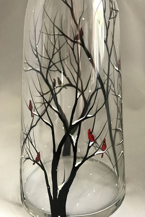 Bottles Painting, Wine Bottle Crafts Christmas, Hand Painted Wine Bottles, Winter Cardinal, Hand Painted Bottles, Wine Carafe, Painting Glass, Glass Bottle Diy, Collection Ideas