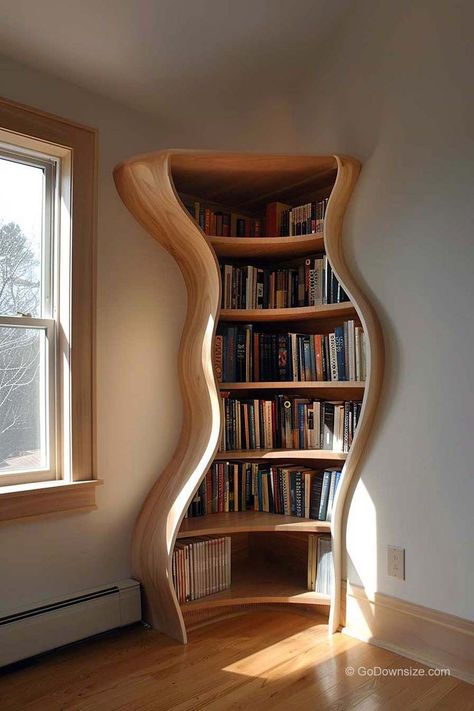 This unconventional bookshelf is far from ordinary; it’s a conversation starter, a head-turner, and a statement piece all rolled into one! Home Beach Decor Ideas, Home Decor Interior, Aesthetic Furniture Design, Modern Reading Room Ideas, Cool House Decor Ideas, Library Room Apartment, Cool Rooms Ideas, Interesting Room Decor, Creative House Decor