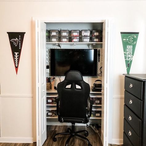 Noah's Bedroom Reveal With Closet Gaming Nook - Organized-ish Closet Turned Gaming Room, Gaming Room In Closet, Organize Game Closet, Gamer Closet, Closet Gaming Desk, Pokemon Organization Ideas, Closet Into Gaming Desk, Gaming Setup In Closet, Gaming Closet Ideas