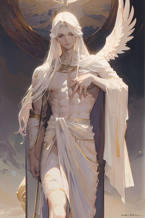 Angel Original Character, Guardian Angel Character Design, Robe Drawing References, Angel Man Art, Angel Male Art, Male Angel Aesthetic, Angel White Hair, Long Hair Men Drawing, Male Angel Statue