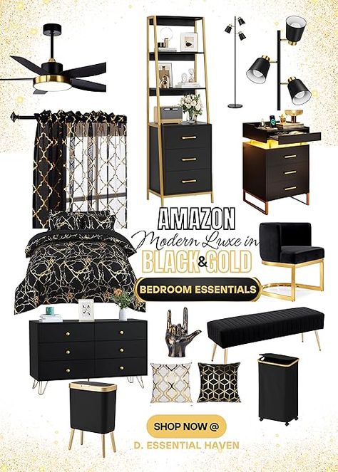 Divine Aquino's Amazon Page Couple Room Ideas Bedrooms Married, Couple Room Ideas Bedrooms, Black And Gold Bedroom, Black White And Gold Bedroom, Black Gold Bedroom, New Home Essentials, Gold Bedroom Decor, Couple Room, Luxury Room Bedroom