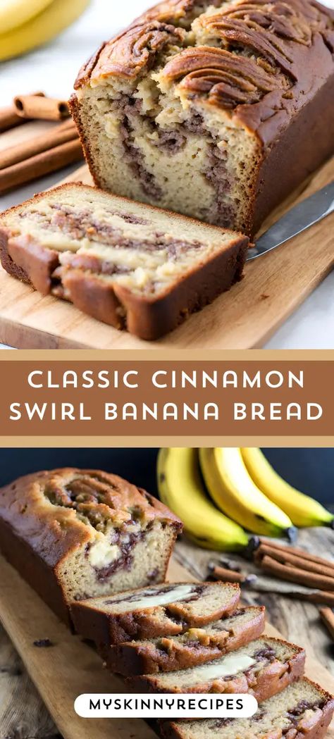 Indulge in the ultimate comfort treat with this Classic Cinnamon Swirl Banana Bread 🍌✨ Perfectly moist, with a delightful swirl of cinnamon sugar throughout! Easy to make and even easier to enjoy. #Classic Cinnamon Swirl Banana Bread#bananabread #cinnamonswirl #homemade #baking 🍞😋 Banana Bread With Cinnamon Swirl, Cinnamon Swirl Banana Bread Recipe, Cinnamon Crunch Banana Bread Recipe, Banana Swirl Bread, Different Types Of Banana Bread, Banana Bread Cinnamon Swirl, Banana Bread Recipe Cinnamon Swirl, Banana Cinnamon Swirl Bread, Cinnamon Banana Bread Muffins