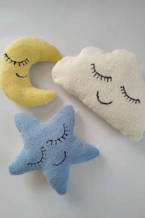 A great gift for your kids. :) Pillow punch needle in the form of clouds, moon and stars Made from 100% handmade staples. Cotton fabrics and threads are used. The back of the cover is closed with a hidden zipper. The cover has been lovingly embroidered into a small corner of my home. Moon Punch Needle, Colourful Nursery, Needle Cushion, Star Pillow, Punch Needling, Kids Pillow, Heart Cushion, Couch Cushion Covers, Star Cloud